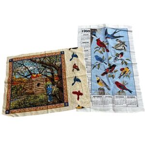 Vintage Bird Fabric Lot - 90s Calendar Blue Jay Cardinal Swallow Autumn Crafting